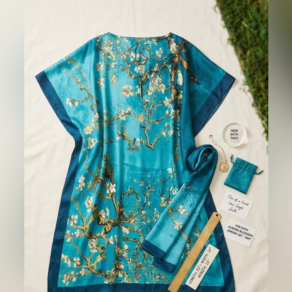 Van Gogh "Almond Blossoms" Silk Kaftan (or Kimono Robe) ( one size) (58 L)